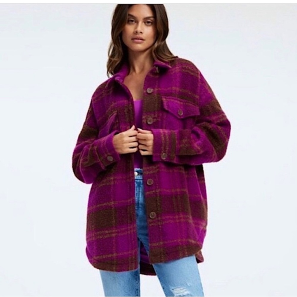 Good American Oversized Plaid Shacket Size S/M Pop Thistle Large Plaid